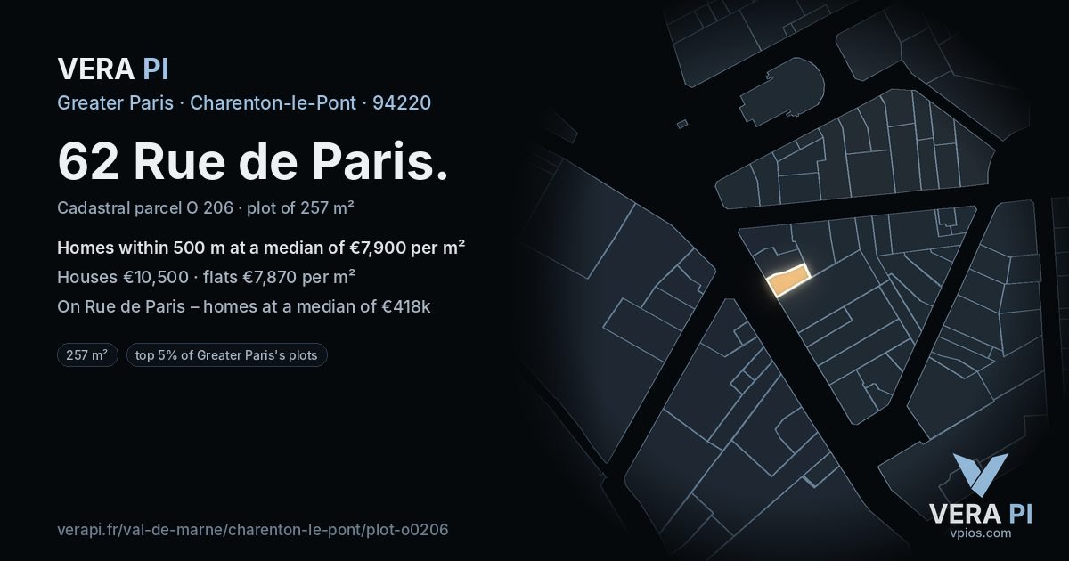 62 Rue de Paris, Charenton-le-Pont at night – the plot lit, the parcels around coloured by the prices near them