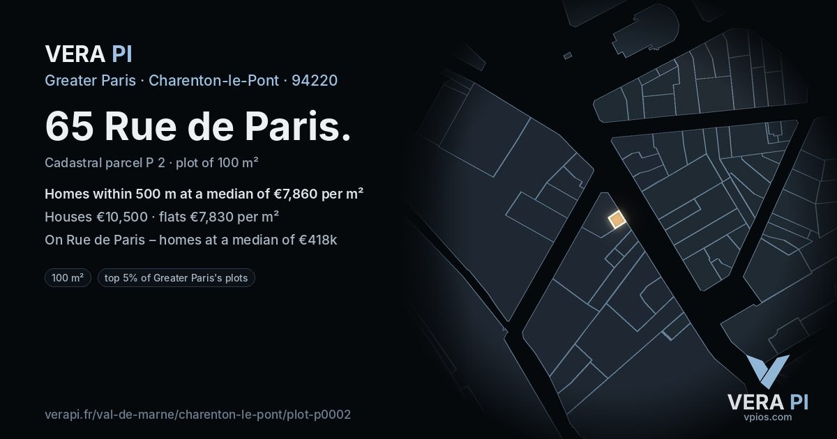 65 Rue de Paris, Charenton-le-Pont at night – the plot lit, the parcels around coloured by the prices near them
