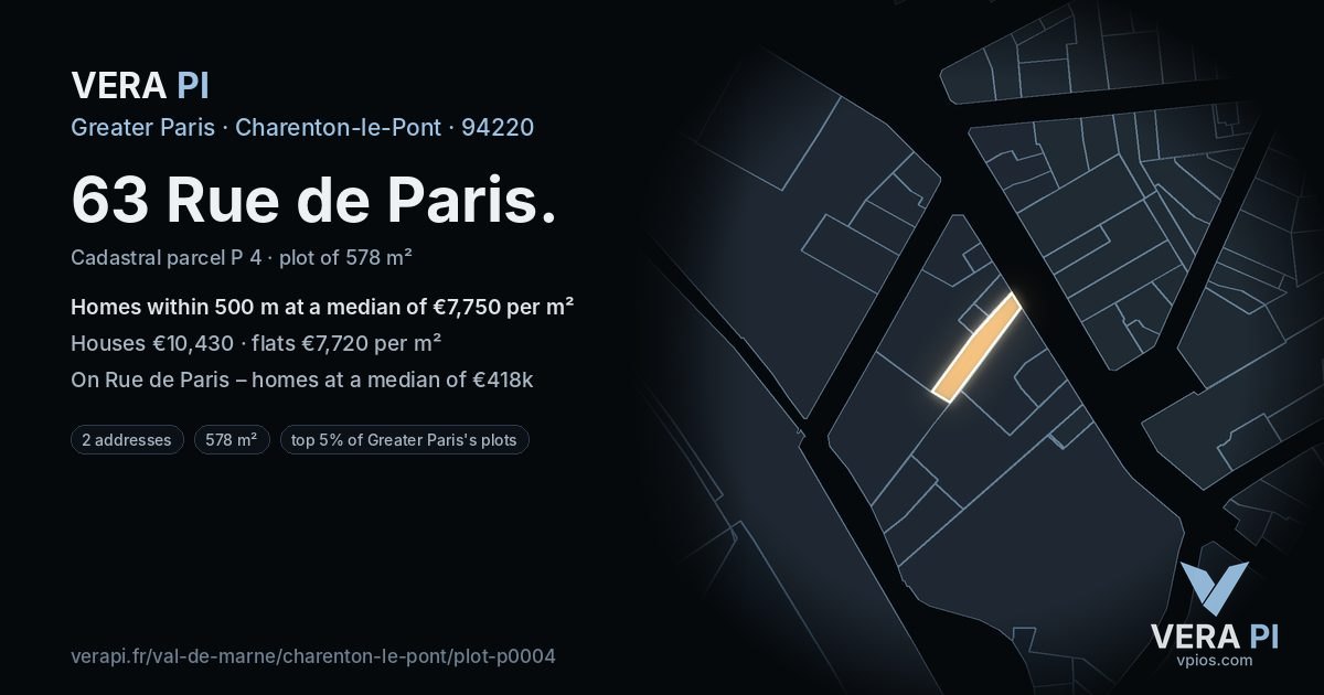 63 Rue de Paris, Charenton-le-Pont at night – the plot lit, the parcels around coloured by the prices near them
