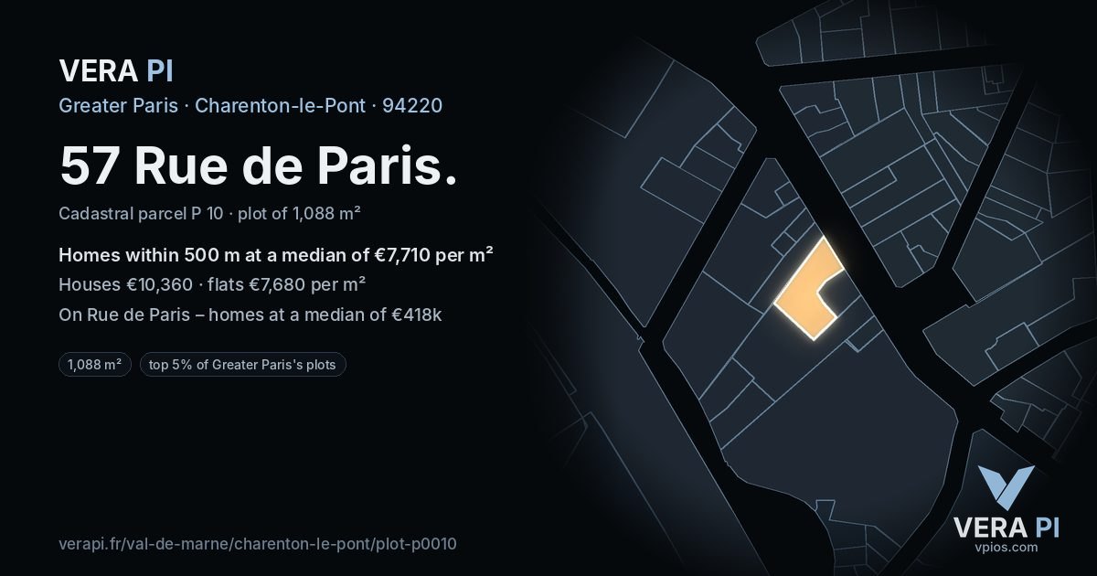 57 Rue de Paris, Charenton-le-Pont at night – the plot lit, the parcels around coloured by the prices near them