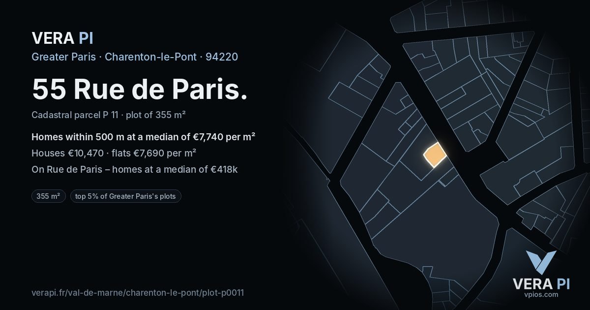 55 Rue de Paris, Charenton-le-Pont at night – the plot lit, the parcels around coloured by the prices near them
