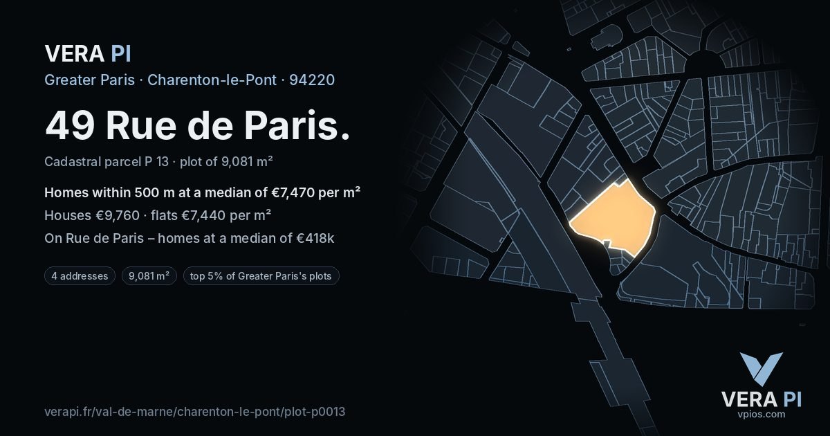 49 Rue de Paris, Charenton-le-Pont at night – the plot lit, the parcels around coloured by the prices near them