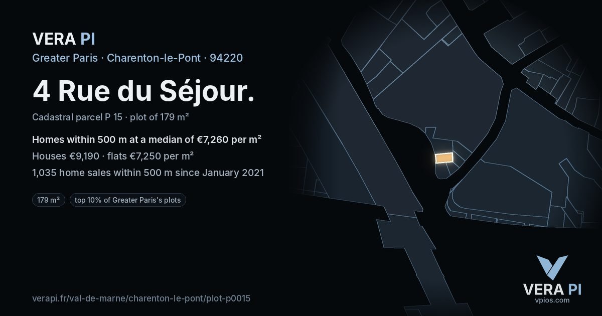 4 Rue du Séjour, Charenton-le-Pont at night – the plot lit, the parcels around coloured by the prices near them