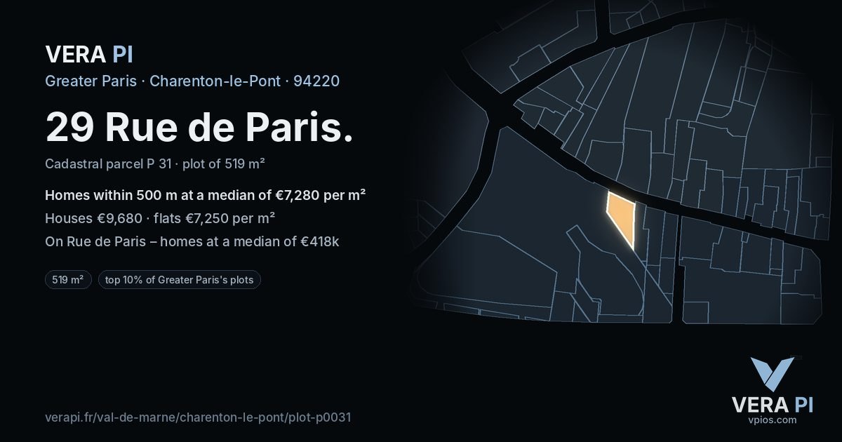 29 Rue de Paris, Charenton-le-Pont at night – the plot lit, the parcels around coloured by the prices near them