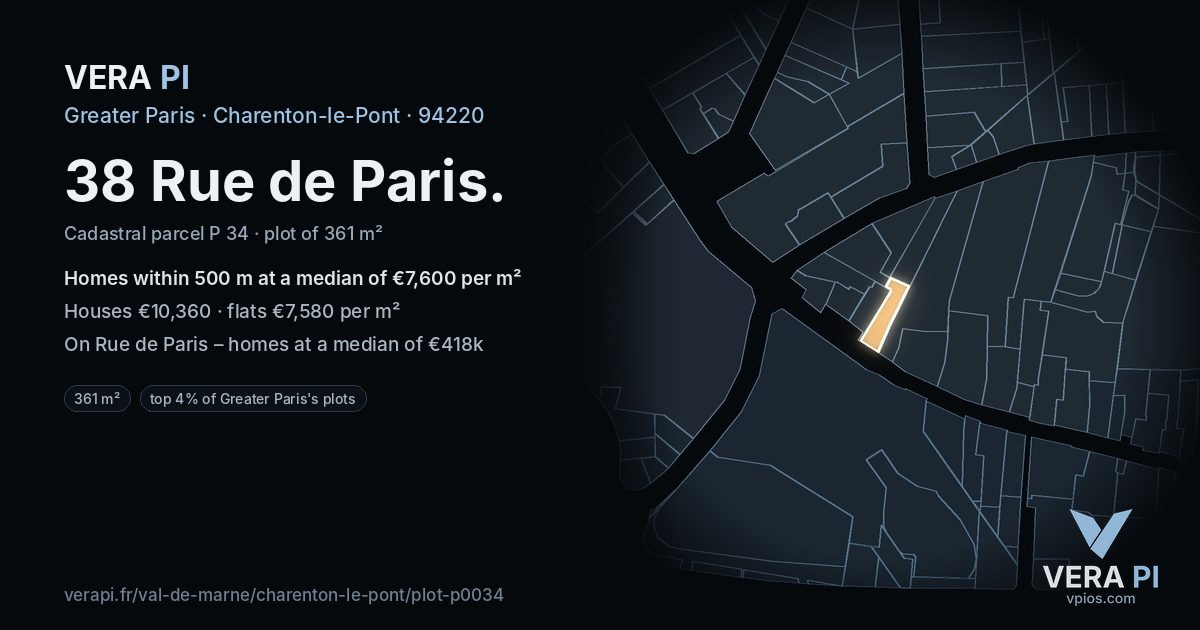 38 Rue de Paris, Charenton-le-Pont at night – the plot lit, the parcels around coloured by the prices near them