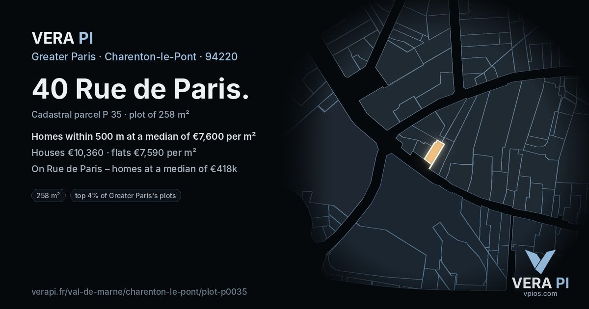 40 Rue de Paris, Charenton-le-Pont at night – the plot lit, the parcels around coloured by the prices near them