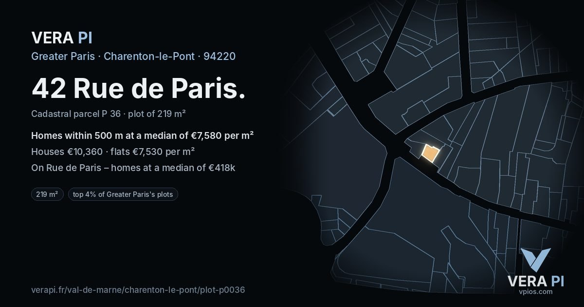 42 Rue de Paris, Charenton-le-Pont at night – the plot lit, the parcels around coloured by the prices near them