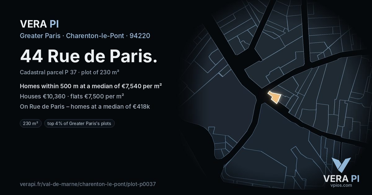 44 Rue de Paris, Charenton-le-Pont at night – the plot lit, the parcels around coloured by the prices near them