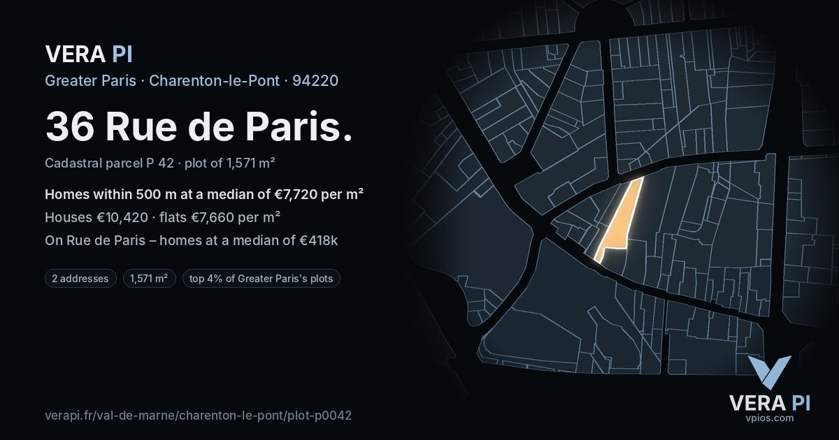 36 Rue de Paris, Charenton-le-Pont at night – the plot lit, the parcels around coloured by the prices near them