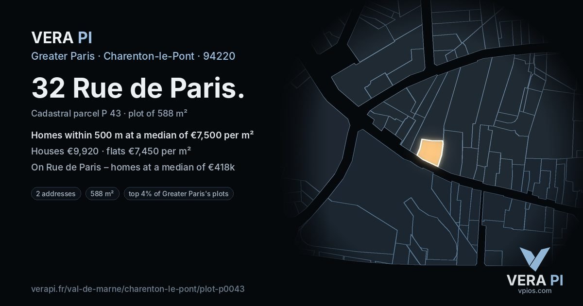 32 Rue de Paris, Charenton-le-Pont at night – the plot lit, the parcels around coloured by the prices near them