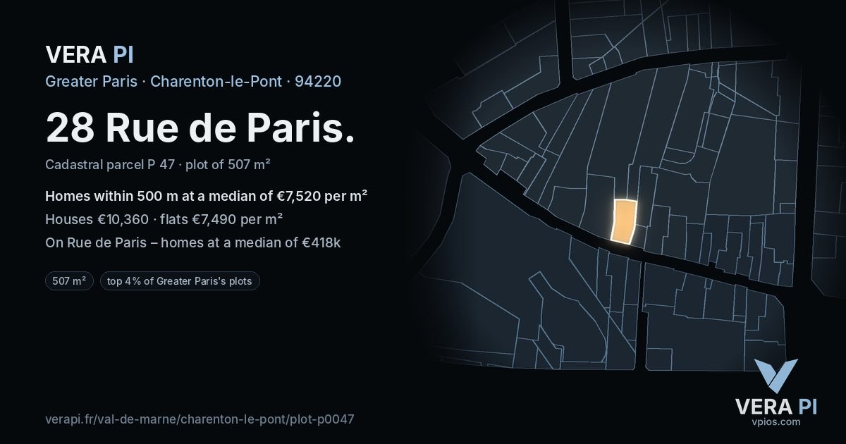 28 Rue de Paris, Charenton-le-Pont at night – the plot lit, the parcels around coloured by the prices near them