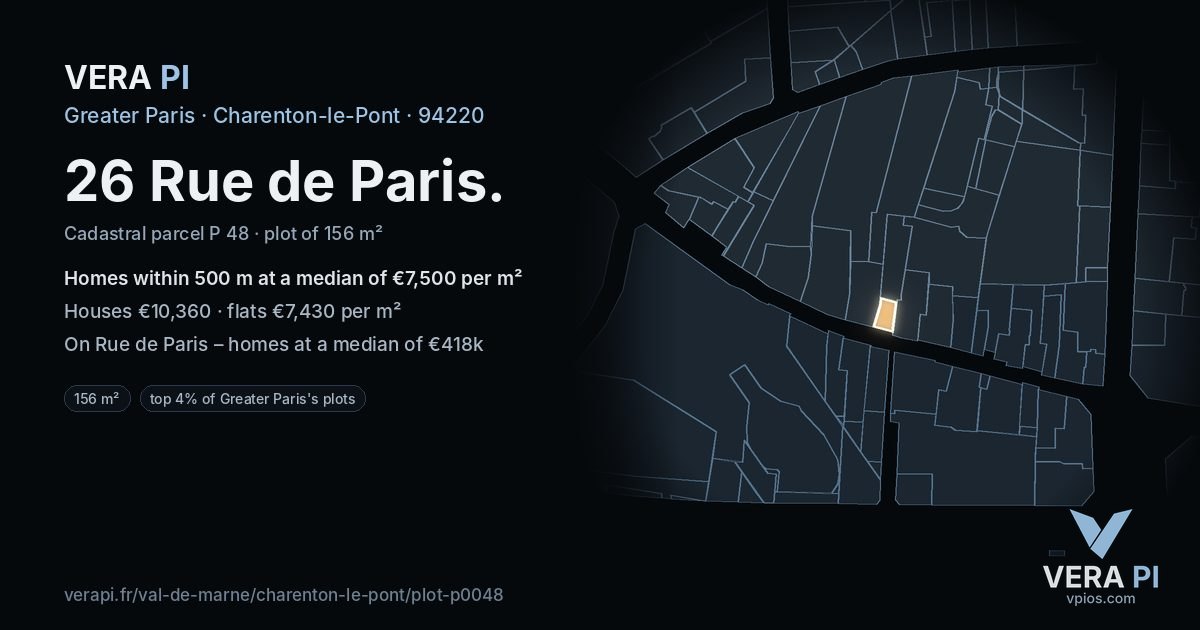 26 Rue de Paris, Charenton-le-Pont at night – the plot lit, the parcels around coloured by the prices near them