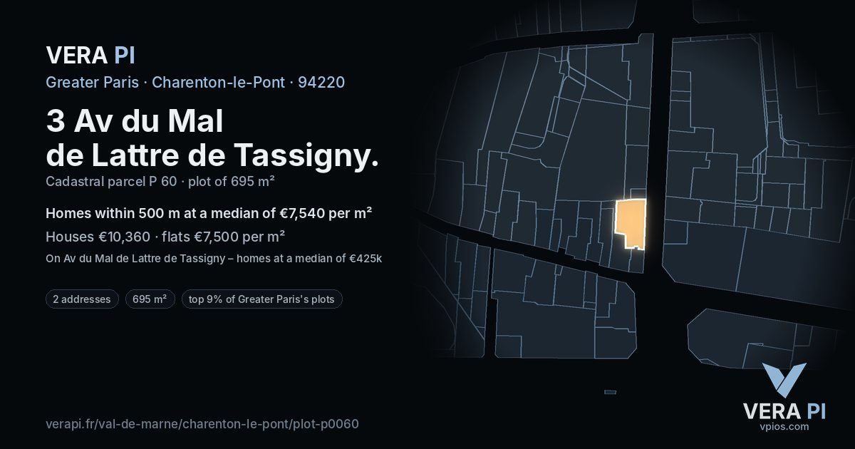 3 Av du Mal de Lattre de Tassigny, Charenton-le-Pont at night – the plot lit, the parcels around coloured by the prices near them
