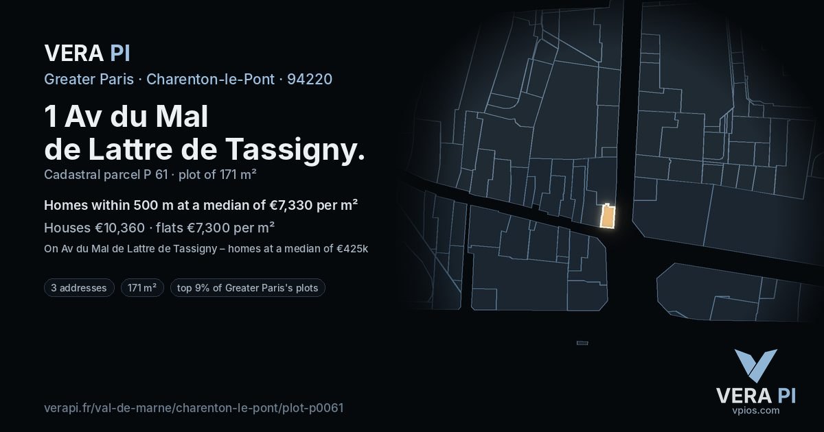 1 Av du Mal de Lattre de Tassigny, Charenton-le-Pont at night – the plot lit, the parcels around coloured by the prices near them
