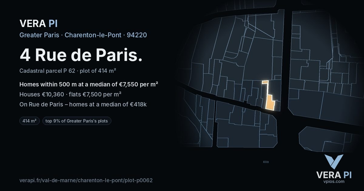 4 Rue de Paris, Charenton-le-Pont at night – the plot lit, the parcels around coloured by the prices near them