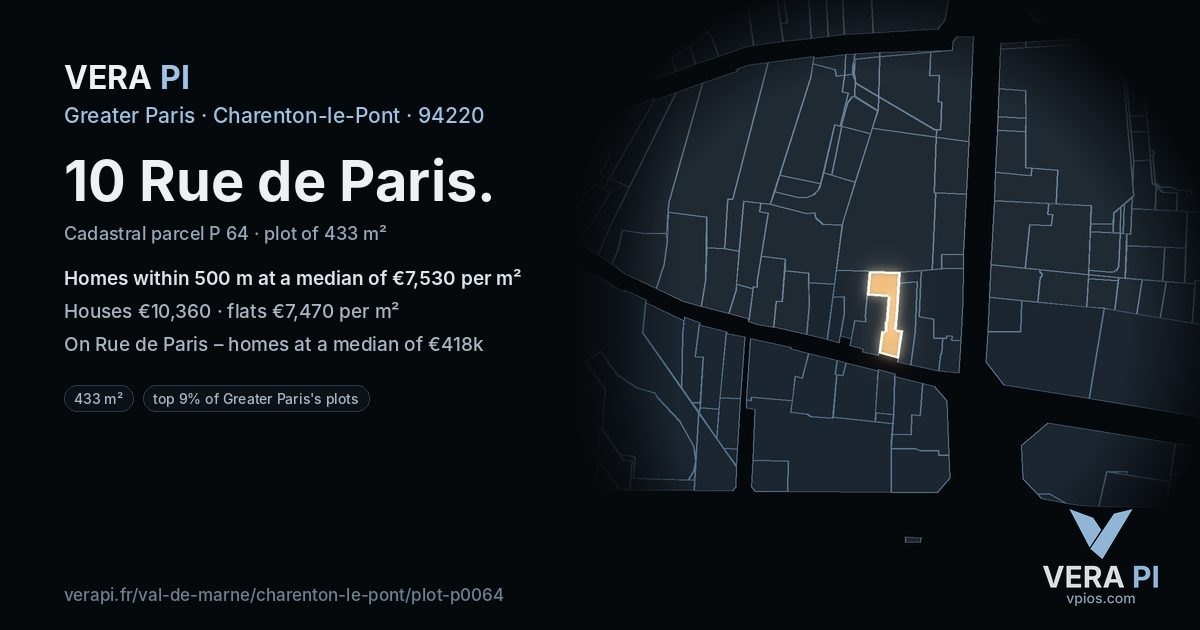 10 Rue de Paris, Charenton-le-Pont at night – the plot lit, the parcels around coloured by the prices near them