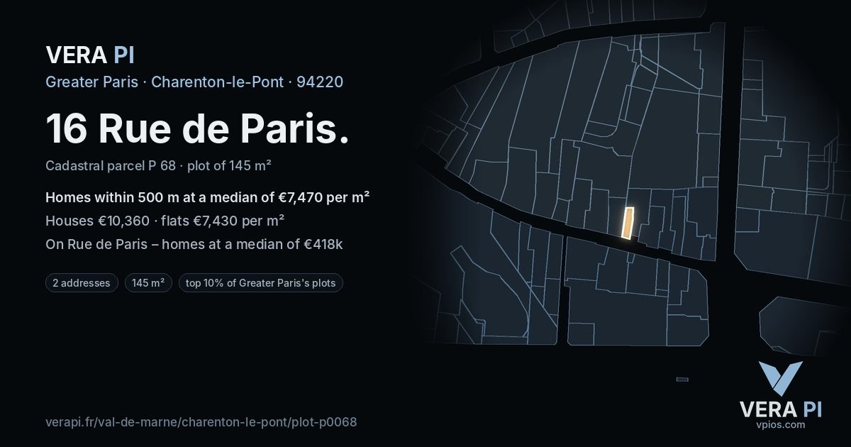16 Rue de Paris, Charenton-le-Pont at night – the plot lit, the parcels around coloured by the prices near them
