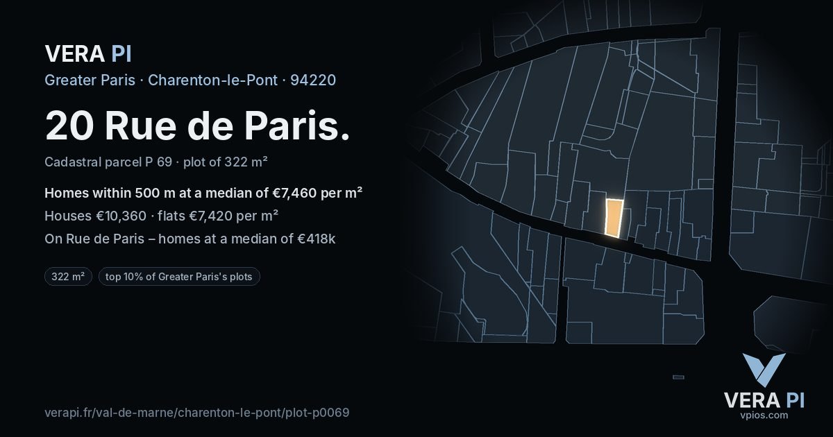 20 Rue de Paris, Charenton-le-Pont at night – the plot lit, the parcels around coloured by the prices near them
