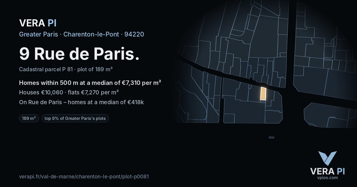 9 Rue de Paris, Charenton-le-Pont at night – the plot lit, the parcels around coloured by the prices near them