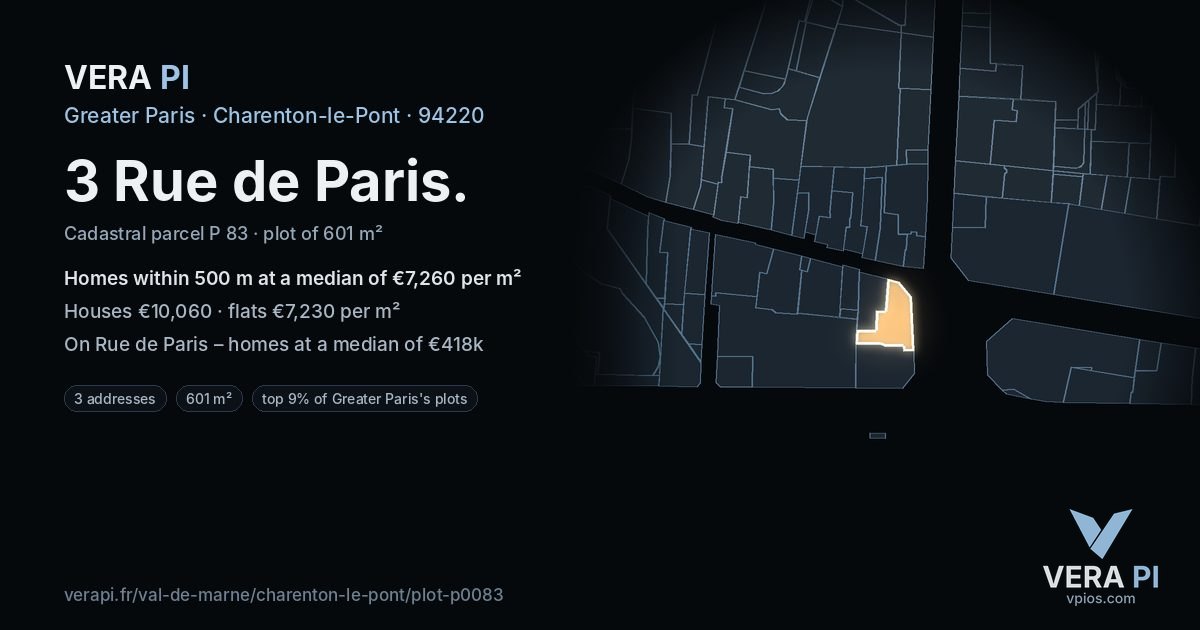 3 Rue de Paris, Charenton-le-Pont at night – the plot lit, the parcels around coloured by the prices near them