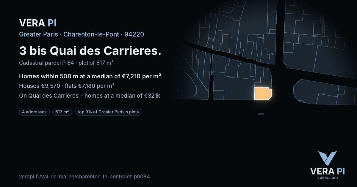 3 bis Quai des Carrieres, Charenton-le-Pont at night – the plot lit, the parcels around coloured by the prices near them