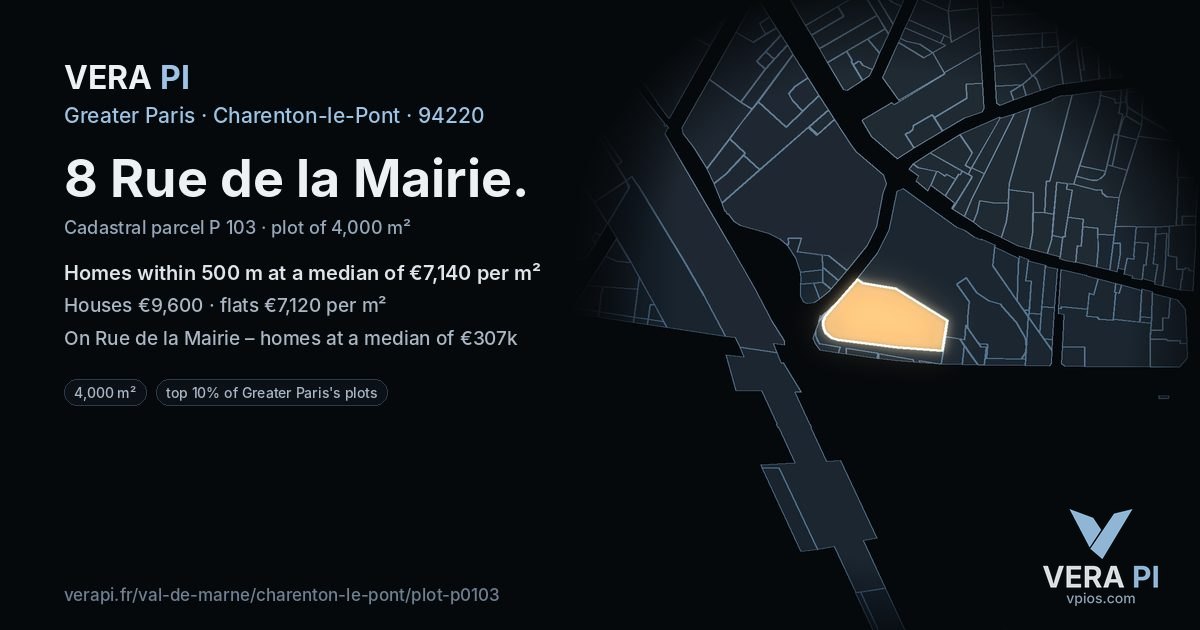 8 Rue de la Mairie, Charenton-le-Pont at night – the plot lit, the parcels around coloured by the prices near them