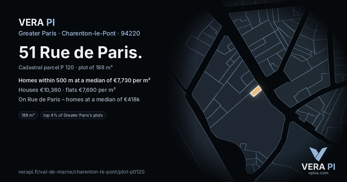 51 Rue de Paris, Charenton-le-Pont at night – the plot lit, the parcels around coloured by the prices near them