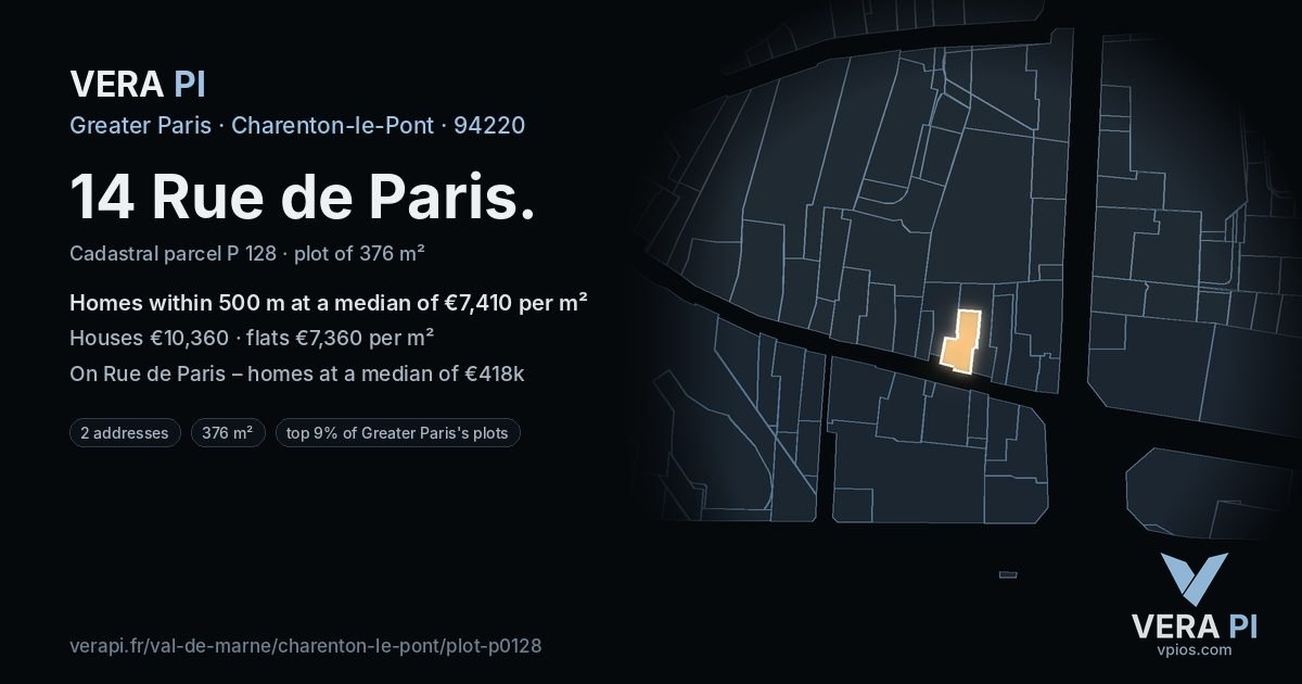 14 Rue de Paris, Charenton-le-Pont at night – the plot lit, the parcels around coloured by the prices near them