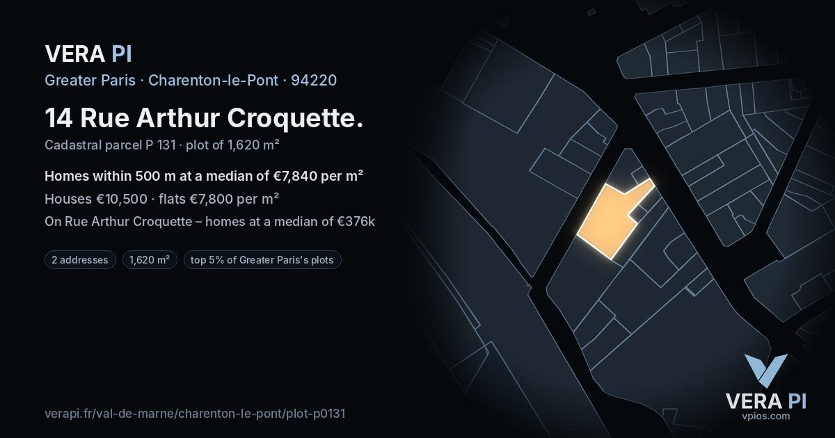14 Rue Arthur Croquette, Charenton-le-Pont at night – the plot lit, the parcels around coloured by the prices near them