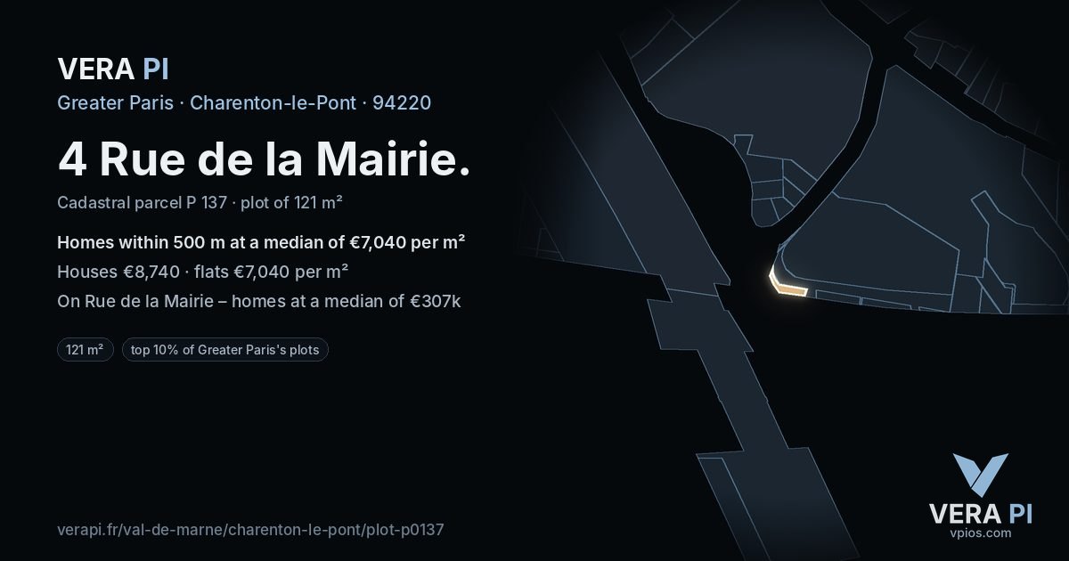 4 Rue de la Mairie, Charenton-le-Pont at night – the plot lit, the parcels around coloured by the prices near them