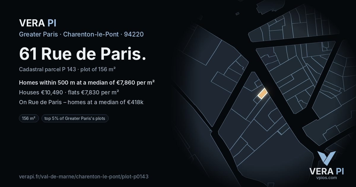 61 Rue de Paris, Charenton-le-Pont at night – the plot lit, the parcels around coloured by the prices near them