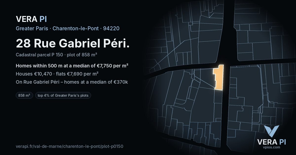28 Rue Gabriel Péri, Charenton-le-Pont at night – the plot lit, the parcels around coloured by the prices near them