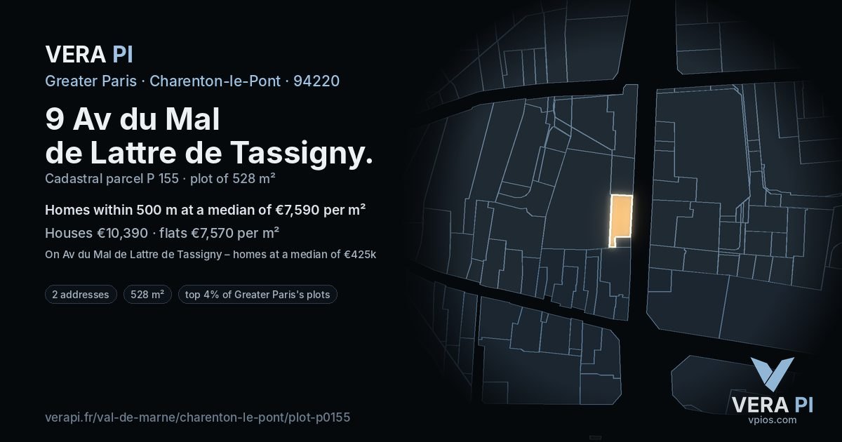 9 Av du Mal de Lattre de Tassigny, Charenton-le-Pont at night – the plot lit, the parcels around coloured by the prices near them