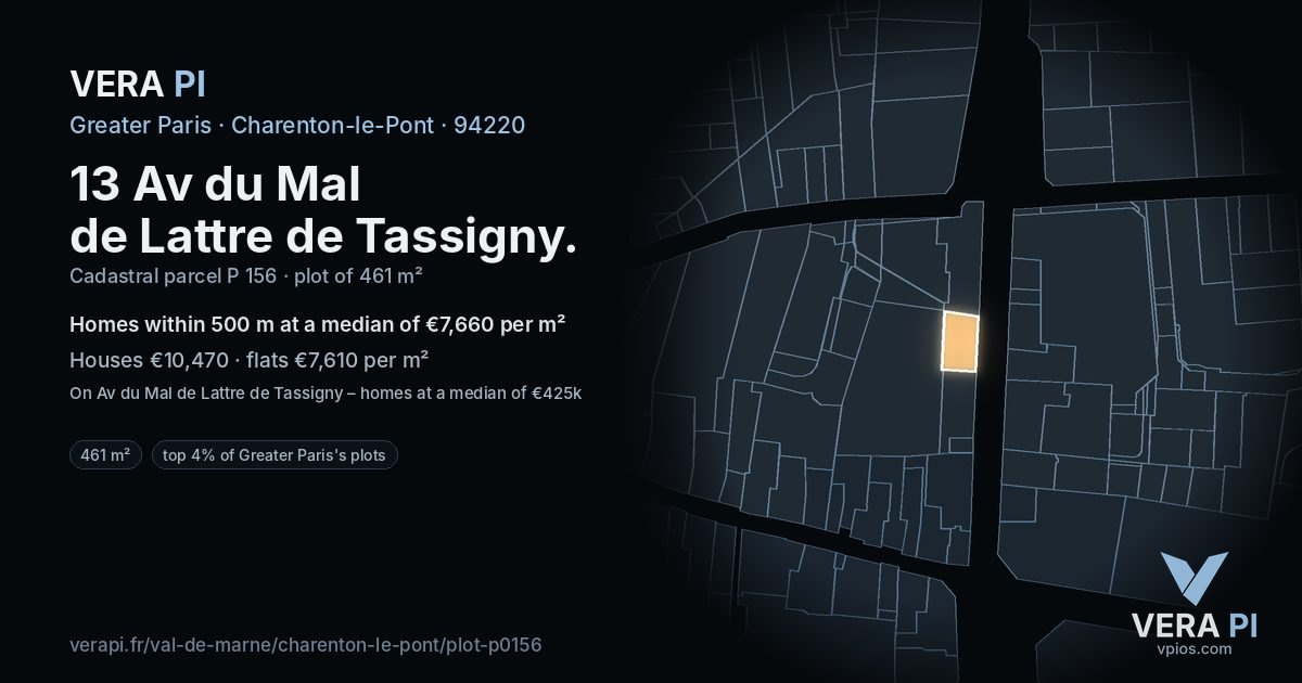 13 Av du Mal de Lattre de Tassigny, Charenton-le-Pont at night – the plot lit, the parcels around coloured by the prices near them