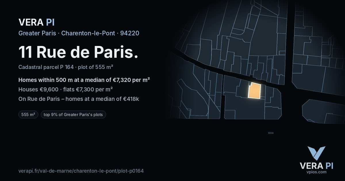 11 Rue de Paris, Charenton-le-Pont at night – the plot lit, the parcels around coloured by the prices near them