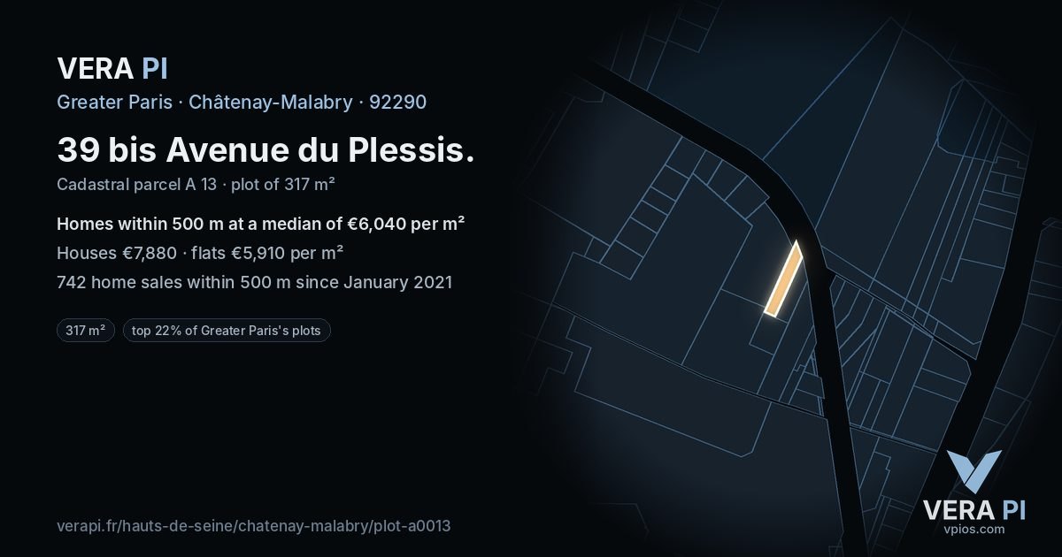 39 bis Avenue du Plessis, Châtenay-Malabry at night – the plot lit, the parcels around coloured by the prices near them