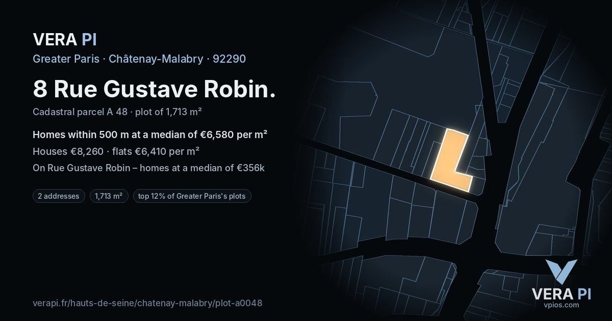 8 Rue Gustave Robin, Châtenay-Malabry at night – the plot lit, the parcels around coloured by the prices near them