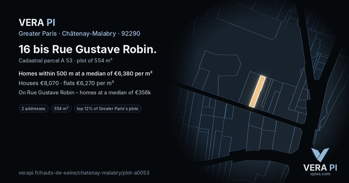 16 bis Rue Gustave Robin, Châtenay-Malabry at night – the plot lit, the parcels around coloured by the prices near them