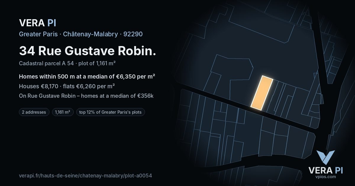 34 Rue Gustave Robin, Châtenay-Malabry at night – the plot lit, the parcels around coloured by the prices near them