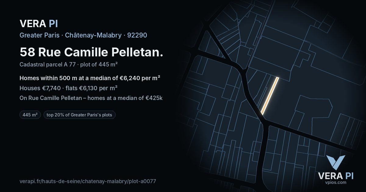 58 Rue Camille Pelletan, Châtenay-Malabry at night – the plot lit, the parcels around coloured by the prices near them