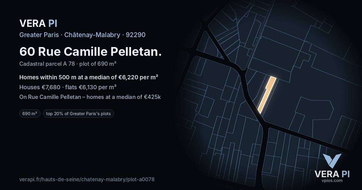 60 Rue Camille Pelletan, Châtenay-Malabry at night – the plot lit, the parcels around coloured by the prices near them