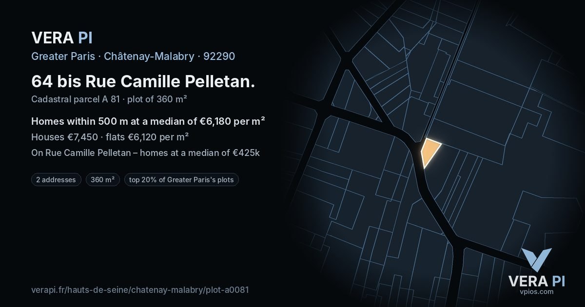 64 bis Rue Camille Pelletan, Châtenay-Malabry at night – the plot lit, the parcels around coloured by the prices near them