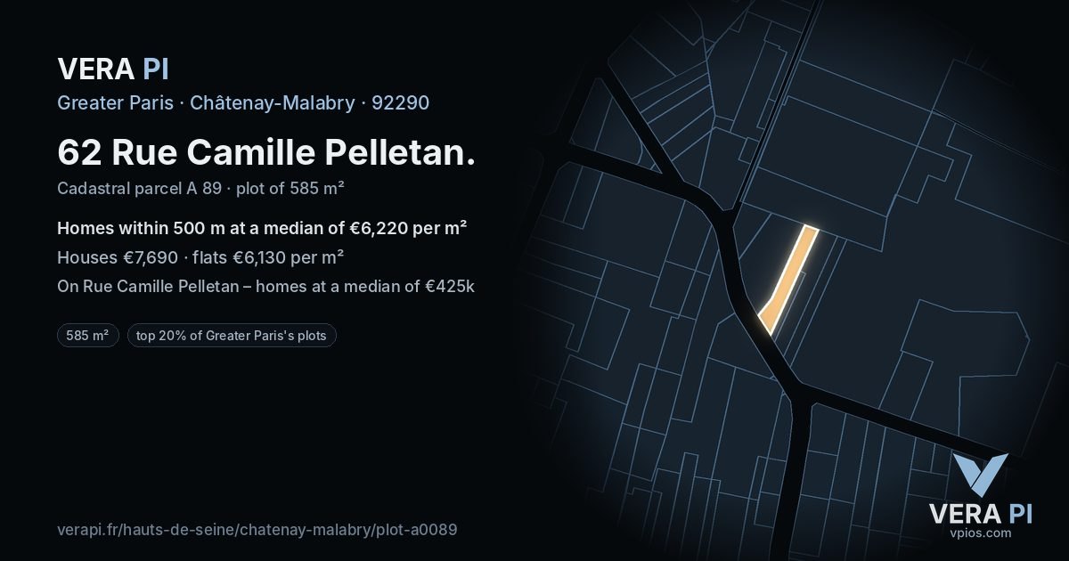 62 Rue Camille Pelletan, Châtenay-Malabry at night – the plot lit, the parcels around coloured by the prices near them