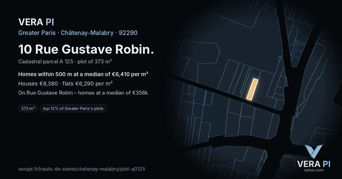 10 Rue Gustave Robin, Châtenay-Malabry at night – the plot lit, the parcels around coloured by the prices near them