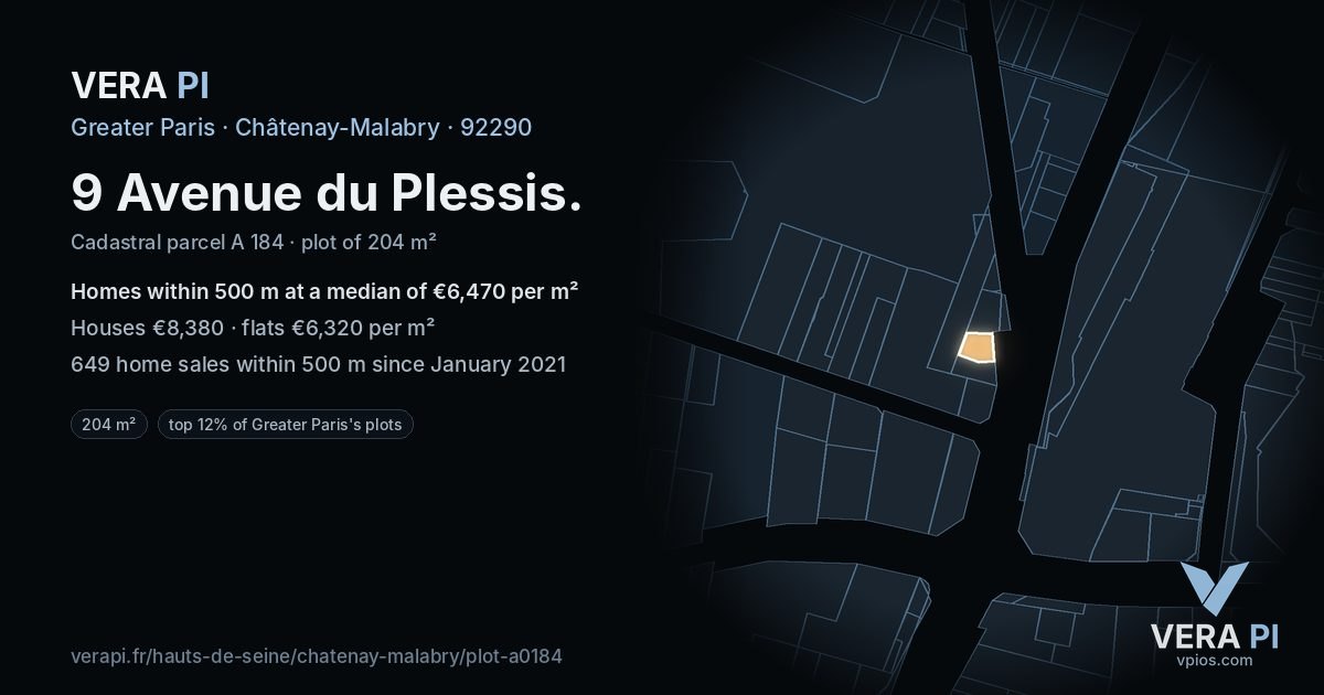 9 Avenue du Plessis, Châtenay-Malabry at night – the plot lit, the parcels around coloured by the prices near them