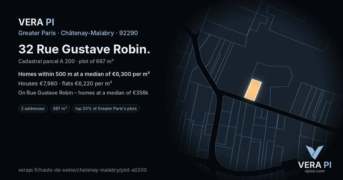 32 Rue Gustave Robin, Châtenay-Malabry at night – the plot lit, the parcels around coloured by the prices near them