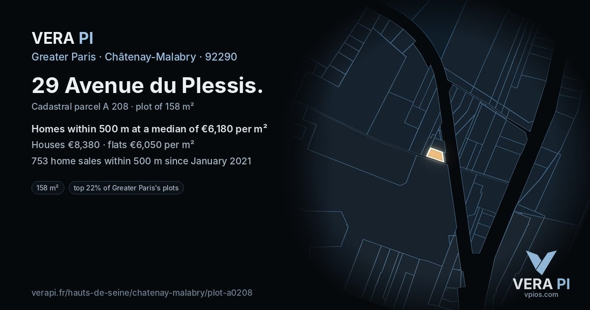 29 Avenue du Plessis, Châtenay-Malabry at night – the plot lit, the parcels around coloured by the prices near them