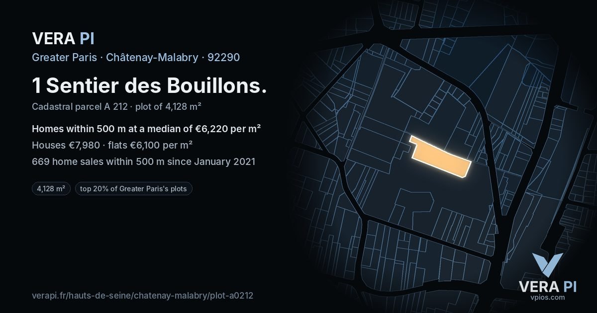 1 Sentier des Bouillons, Châtenay-Malabry at night – the plot lit, the parcels around coloured by the prices near them