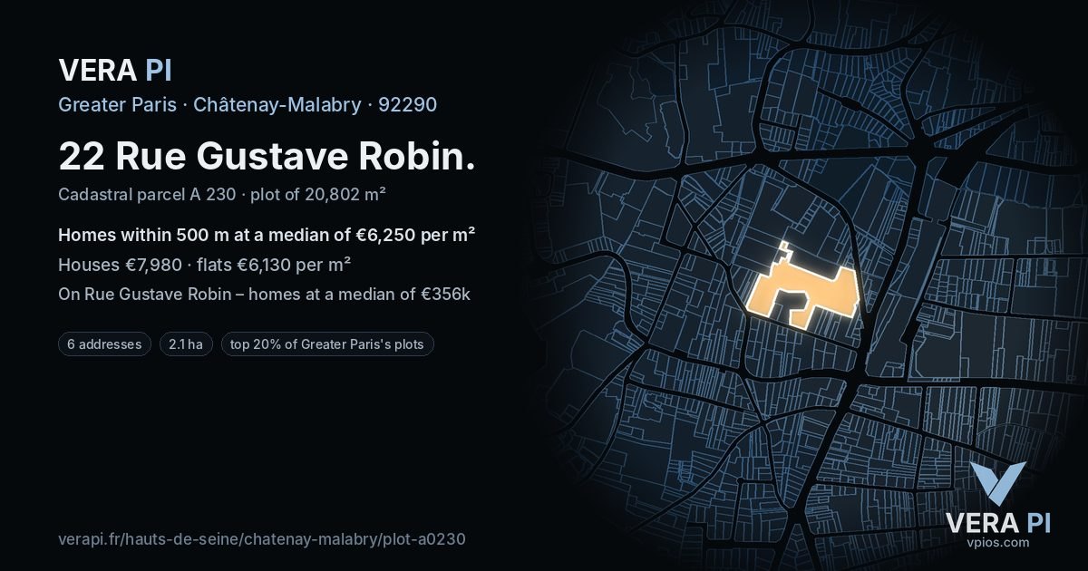22 Rue Gustave Robin, Châtenay-Malabry at night – the plot lit, the parcels around coloured by the prices near them