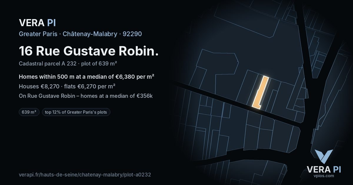 16 Rue Gustave Robin, Châtenay-Malabry at night – the plot lit, the parcels around coloured by the prices near them